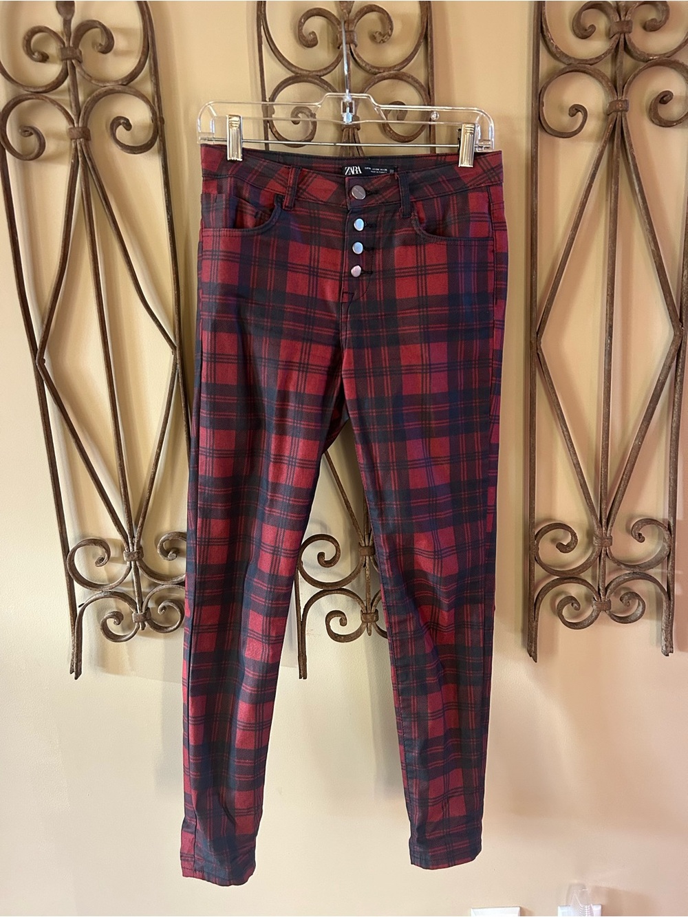 Zara Red and Black Plaid Skinny Jeans - Women's Button-Fly